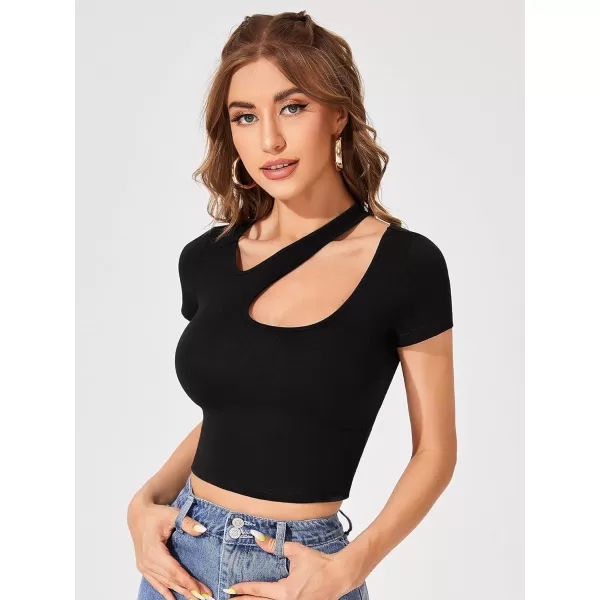 WDIRARA Women's Cut Out Asymmetrical Neck Short Sleeve Crop Tee Slim Fit Top