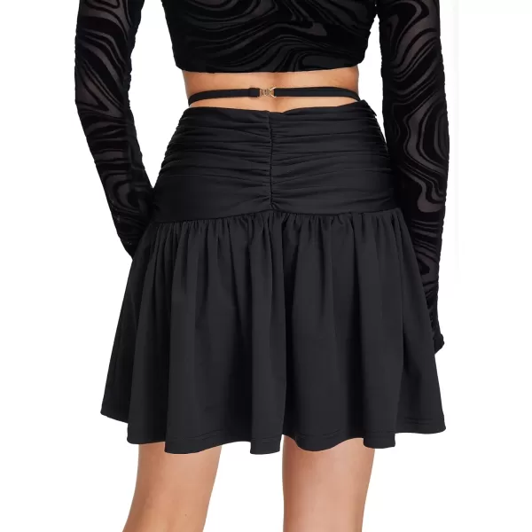 WDIRARA Women's Cut Out Heart Rhinestone Ruched Tie Back Ruffle Hem Aline Mini Skirt