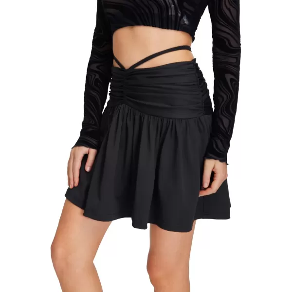 WDIRARA Women's Cut Out Heart Rhinestone Ruched Tie Back Ruffle Hem Aline Mini Skirt