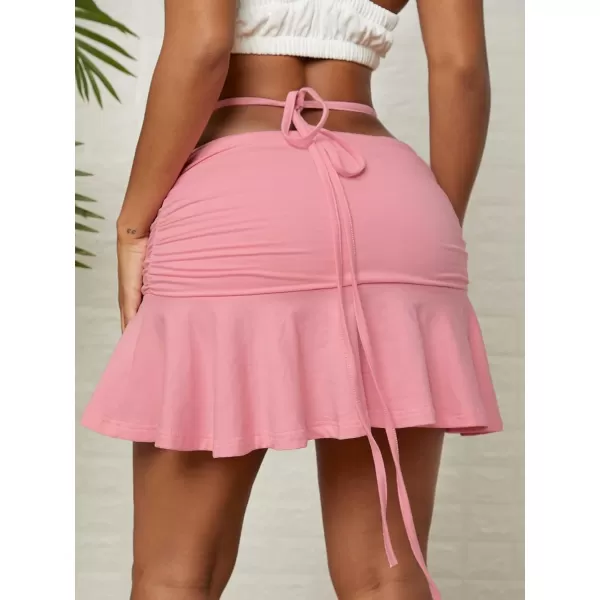 WDIRARA Women's Cut Out Heart Rhinestone Ruched Tie Back Ruffle Hem Aline Mini Skirt
