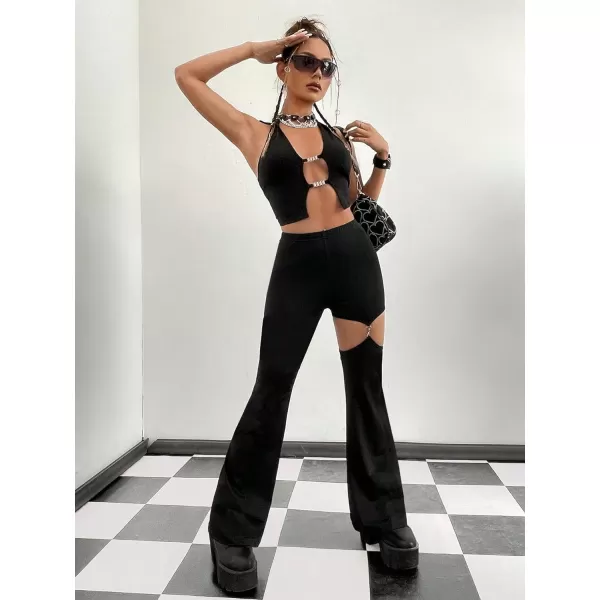 WDIRARA Women's Cut Out High Waisted Flare Elastic Waist Party Leggings Night Out Pants