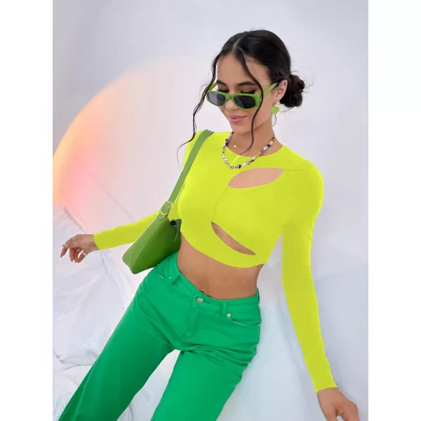 WDIRARA Women's Cut Out Long Sleeve Round Neck Crop Top Slim T Shirt