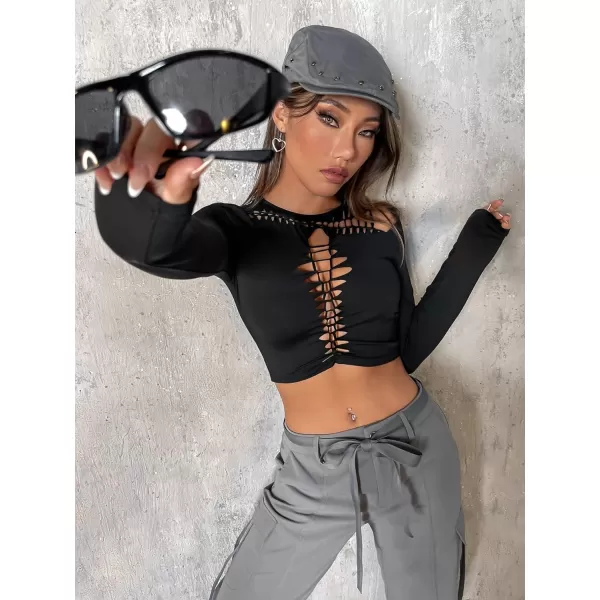WDIRARA Women's Cut Out Long Sleeve Round Neck Crop Top Slim T Shirt