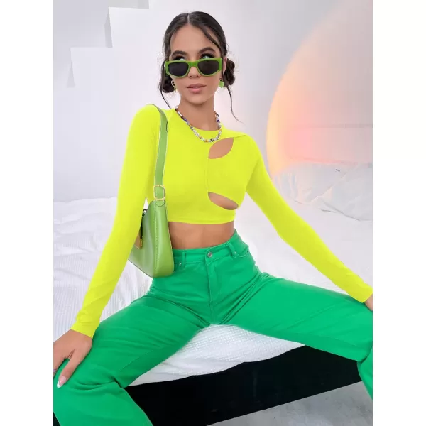 WDIRARA Women's Cut Out Long Sleeve Round Neck Crop Top Slim T Shirt