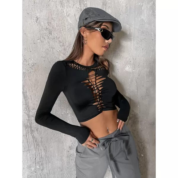 WDIRARA Women's Cut Out Long Sleeve Round Neck Crop Top Slim T Shirt