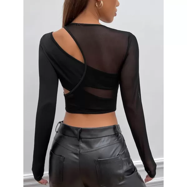 WDIRARA Women's Cut Out Long Sleeve Round Neck Crop Top Slim T Shirt