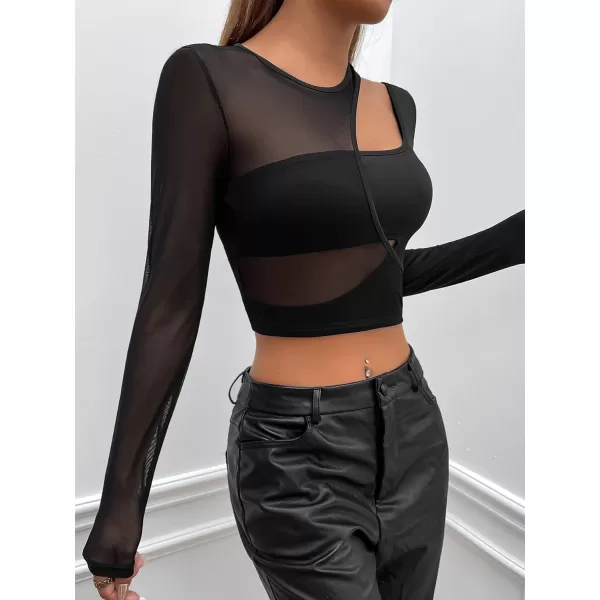 WDIRARA Women's Cut Out Long Sleeve Round Neck Crop Top Slim T Shirt