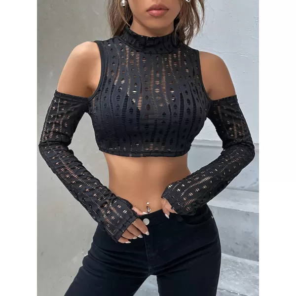 WDIRARA Women's Cut Out Long Sleeve Round Neck Crop Top Slim T Shirt
