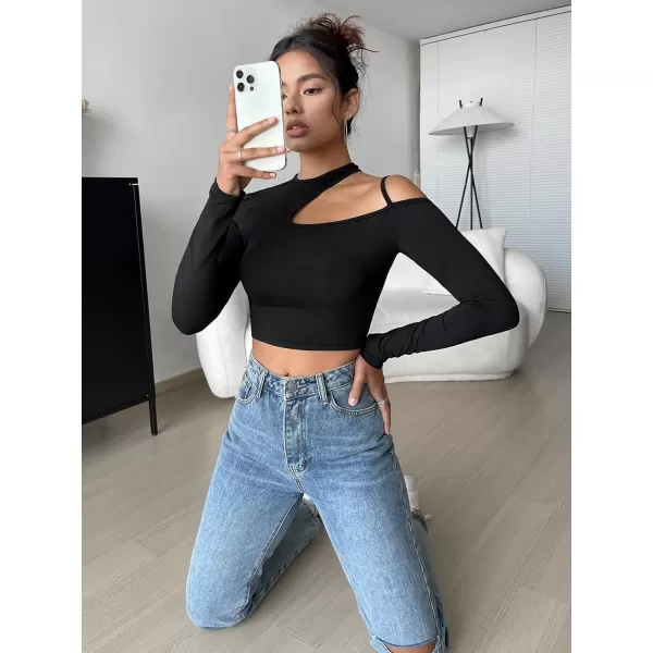 WDIRARA Women's Cut Out Long Sleeve Round Neck Crop Top Slim T Shirt