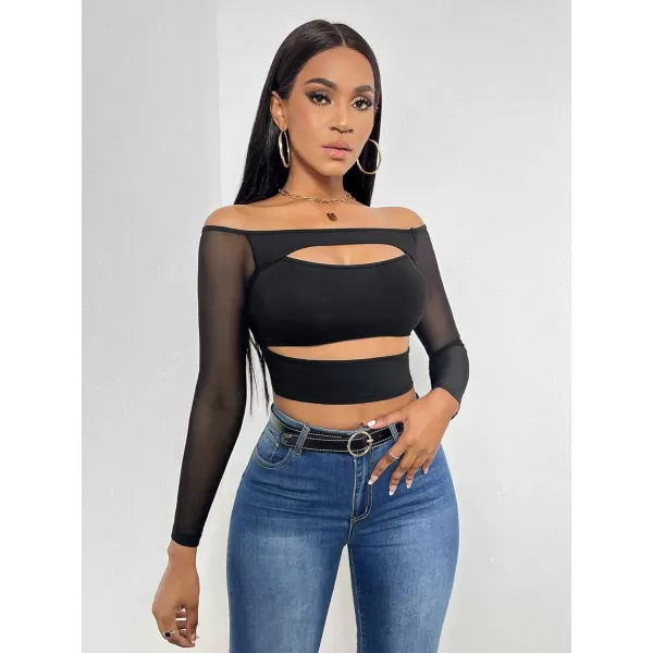 WDIRARA Women's Cut Out Long Sleeve Round Neck Crop Top Slim T Shirt