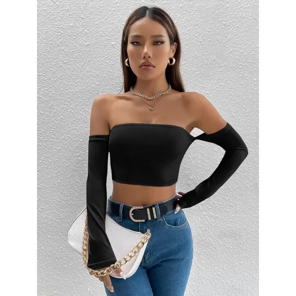 WDIRARA Women's Cut Out Long Sleeve Round Neck Crop Top Slim T Shirt