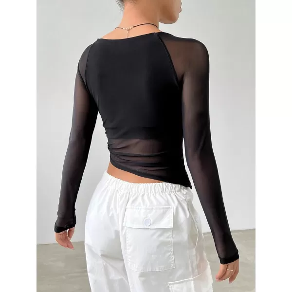 WDIRARA Women's Cut Out Long Sleeve Round Neck Crop Top Slim T Shirt