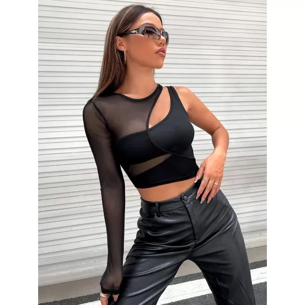 WDIRARA Women's Cut Out Long Sleeve Round Neck Crop Top Slim T Shirt