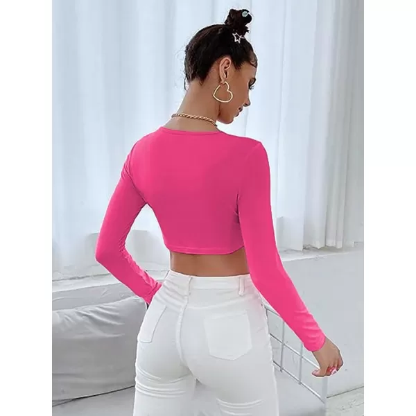 WDIRARA Women's Cut Out Long Sleeve Round Neck Crop Top Slim T Shirt