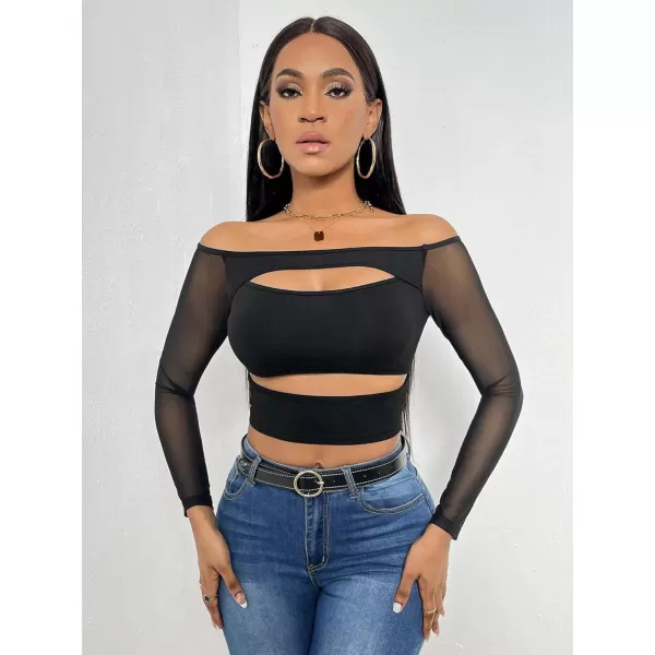 WDIRARA Women's Cut Out Long Sleeve Round Neck Crop Top Slim T Shirt