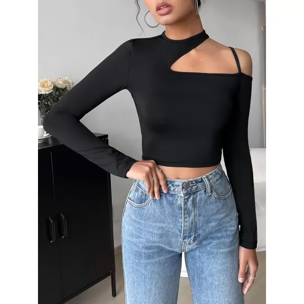 WDIRARA Women's Cut Out Long Sleeve Round Neck Crop Top Slim T Shirt