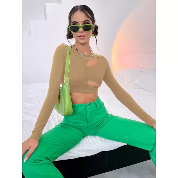 WDIRARA Women's Cut Out Long Sleeve Round Neck Crop Top Slim T Shirt