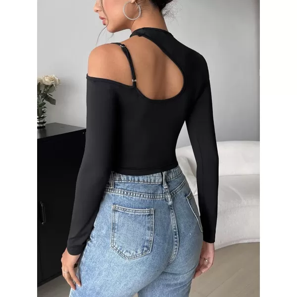 WDIRARA Women's Cut Out Long Sleeve Round Neck Crop Top Slim T Shirt