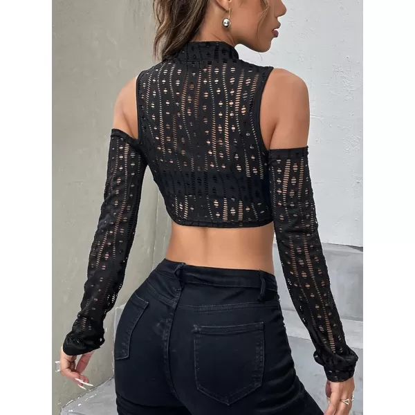 WDIRARA Women's Cut Out Long Sleeve Round Neck Crop Top Slim T Shirt
