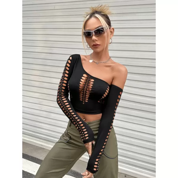 WDIRARA Women's Cut Out Long Sleeve Round Neck Crop Top Slim T Shirt