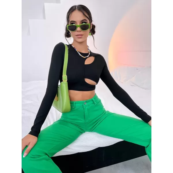 WDIRARA Women's Cut Out Long Sleeve Round Neck Crop Top Slim T Shirt