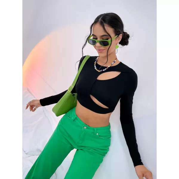WDIRARA Women's Cut Out Long Sleeve Round Neck Crop Top Slim T Shirt