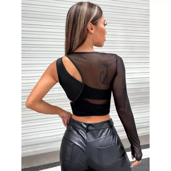 WDIRARA Women's Cut Out Long Sleeve Round Neck Crop Top Slim T Shirt