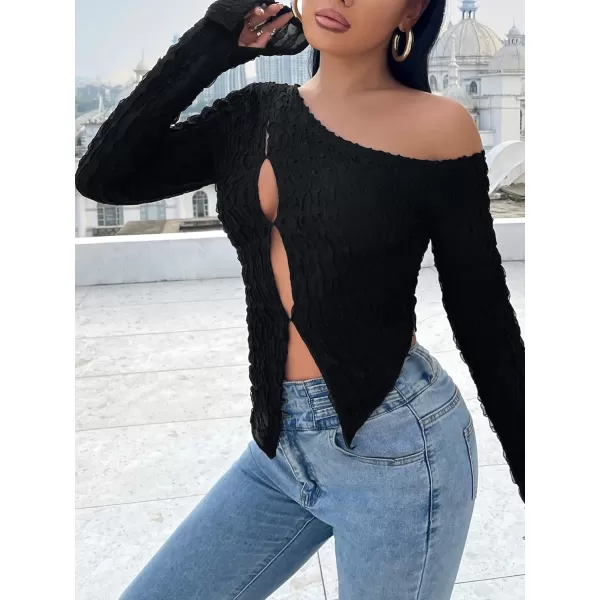 WDIRARA Women's Cut Out One Shoulder Long Sleeve Tee Asymmetrical Tops T Shirt