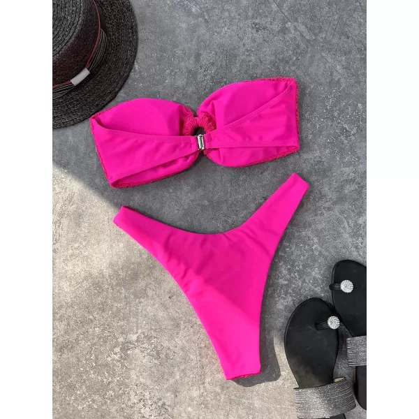 WDIRARA Women's Cut Out Ring Bandeau Bikini Set 2 Piece Strapless Swimsuits