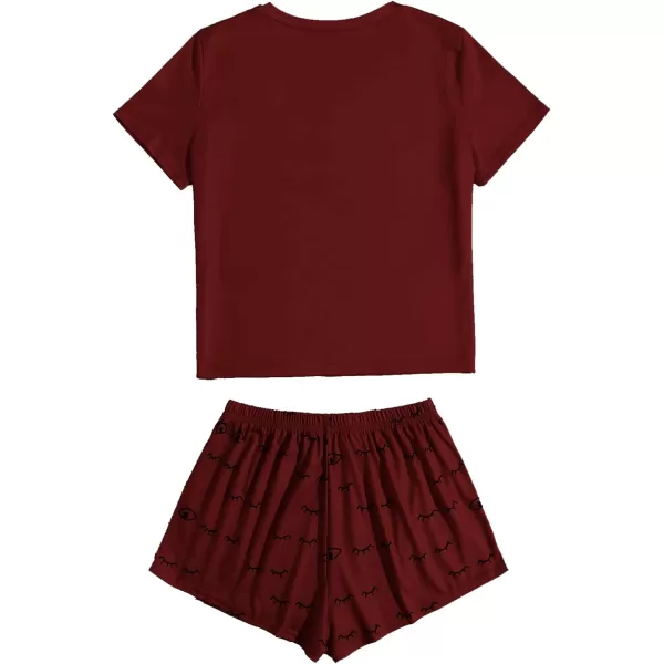 WDIRARA Women's Cute Cartoon Print Closed Eyes Print Tee and Shorts Pajama Set