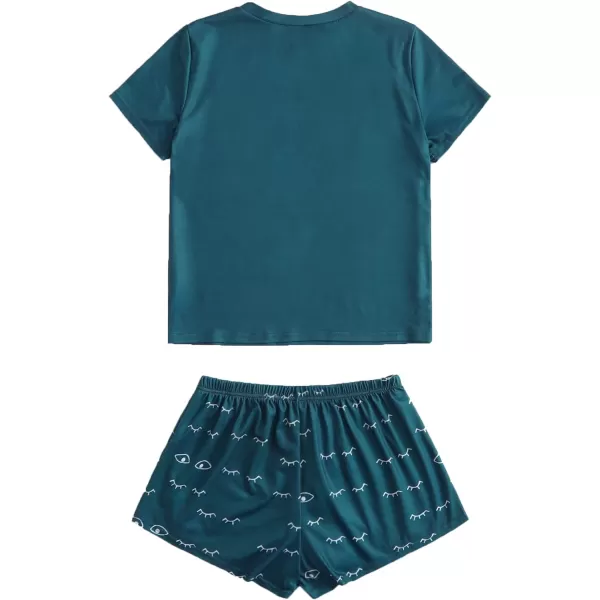 WDIRARA Women's Cute Cartoon Print Closed Eyes Print Tee and Shorts Pajama Set