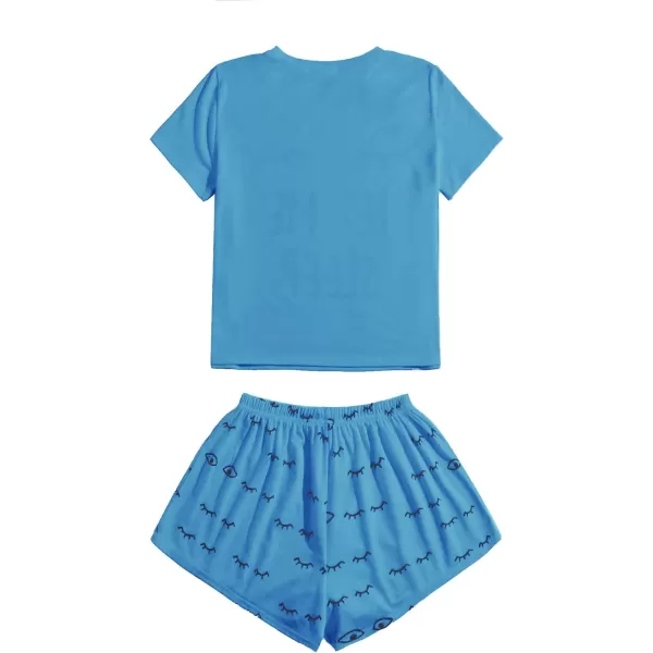 WDIRARA Women's Cute Cartoon Print Closed Eyes Print Tee and Shorts Pajama Set