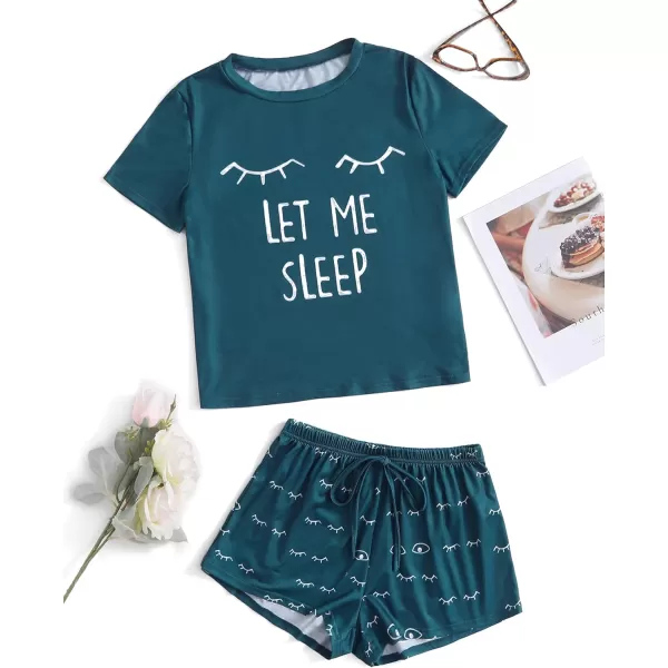 WDIRARA Women's Cute Cartoon Print Closed Eyes Print Tee and Shorts Pajama Set