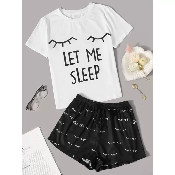 WDIRARA Women's Cute Cartoon Print Closed Eyes Print Tee and Shorts Pajama Set