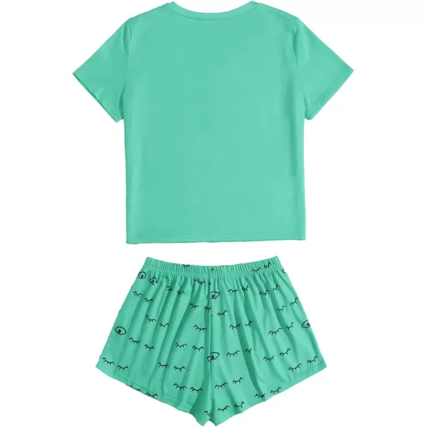 WDIRARA Women's Cute Cartoon Print Closed Eyes Print Tee and Shorts Pajama Set