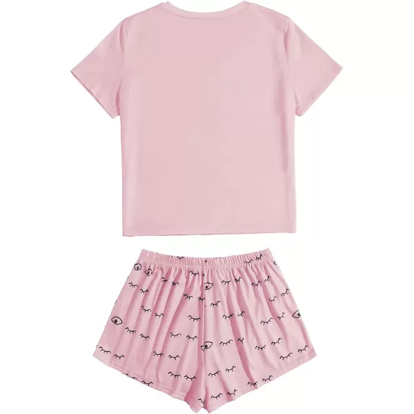 WDIRARA Women's Cute Cartoon Print Closed Eyes Print Tee and Shorts Pajama Set