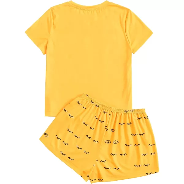 WDIRARA Women's Cute Cartoon Print Closed Eyes Print Tee and Shorts Pajama Set