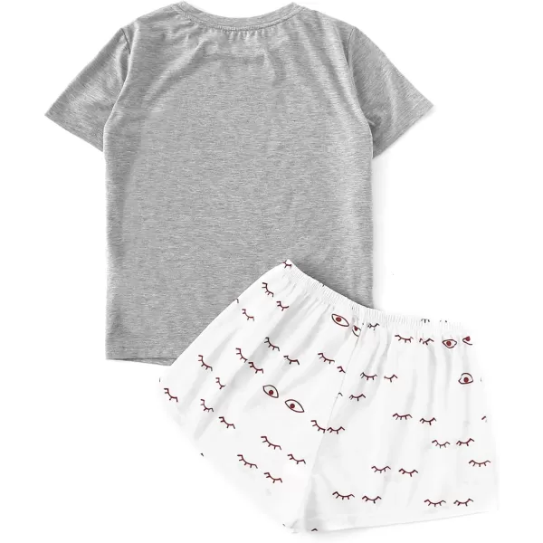 WDIRARA Women's Cute Cartoon Print Closed Eyes Print Tee and Shorts Pajama Set