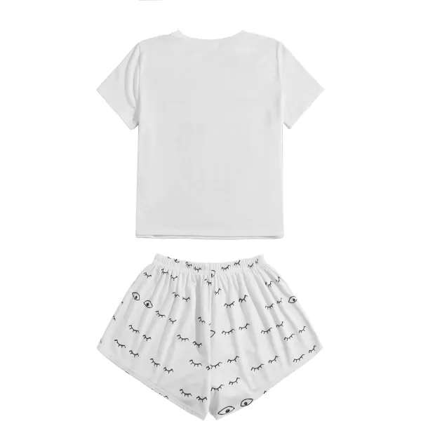 WDIRARA Women's Cute Cartoon Print Closed Eyes Print Tee and Shorts Pajama Set