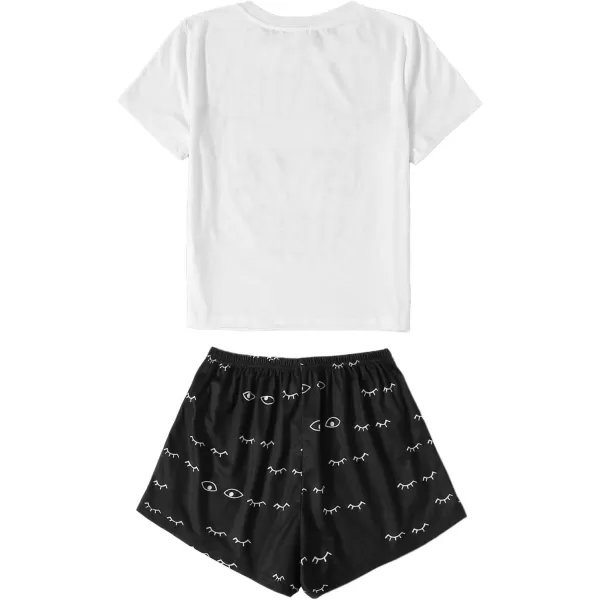 WDIRARA Women's Cute Cartoon Print Closed Eyes Print Tee and Shorts Pajama Set