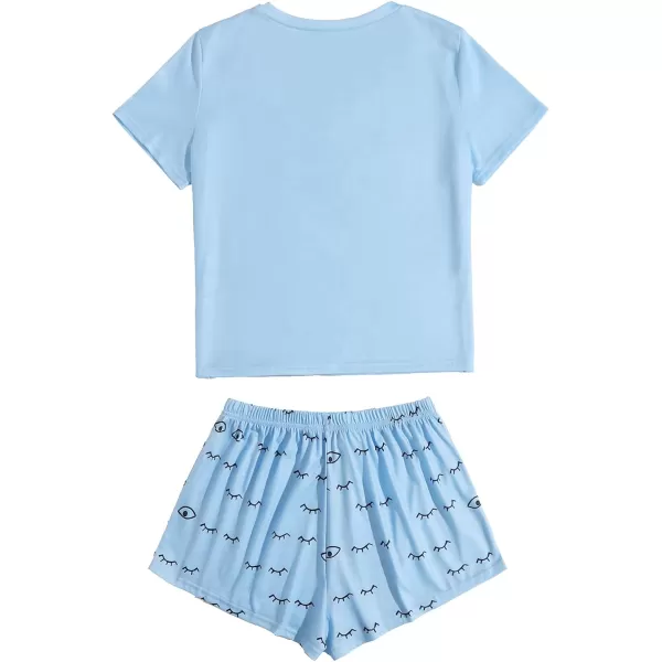 WDIRARA Women's Cute Cartoon Print Closed Eyes Print Tee and Shorts Pajama Set