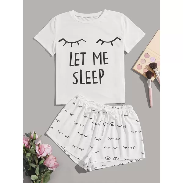 WDIRARA Women's Cute Cartoon Print Closed Eyes Print Tee and Shorts Pajama Set