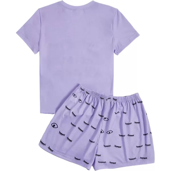 WDIRARA Women's Cute Cartoon Print Closed Eyes Print Tee and Shorts Pajama Set