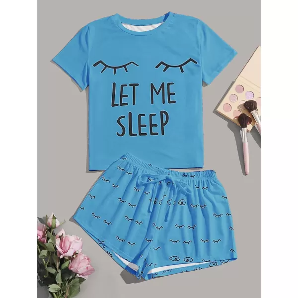 WDIRARA Women's Cute Cartoon Print Closed Eyes Print Tee and Shorts Pajama Set