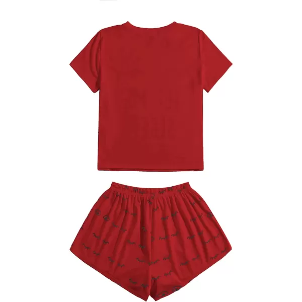 WDIRARA Women's Cute Cartoon Print Closed Eyes Print Tee and Shorts Pajama Set