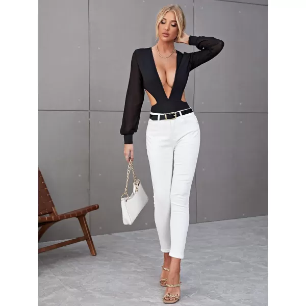 WDIRARA Women's Deep V Neck Cut Out Sheer Long Sleeve Skinny Bodysuit Sexy Tops