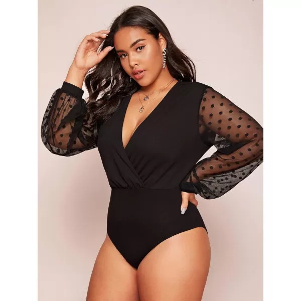 WDIRARA Women's Deep V Neck Long Sleeve Solid Wrap Surplice Bodysuit