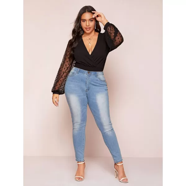 WDIRARA Women's Deep V Neck Long Sleeve Solid Wrap Surplice Bodysuit