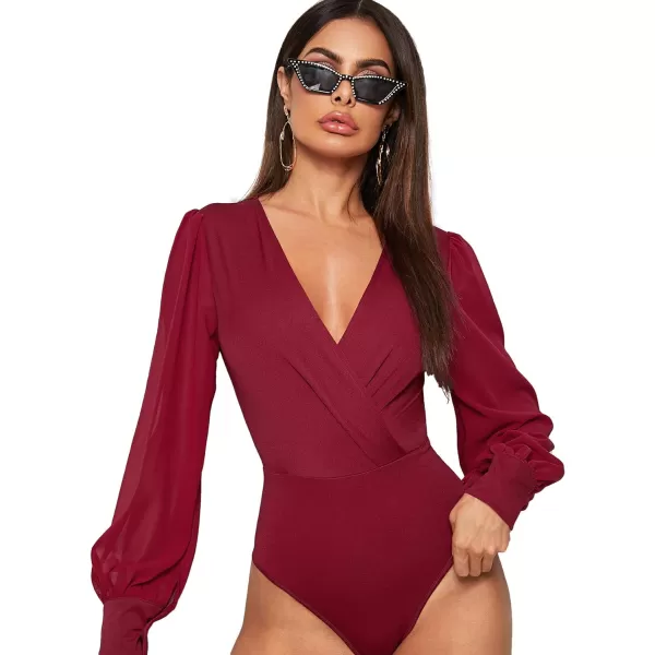 WDIRARA Women's Deep V Neck Long Sleeve Solid Wrap Surplice Bodysuit