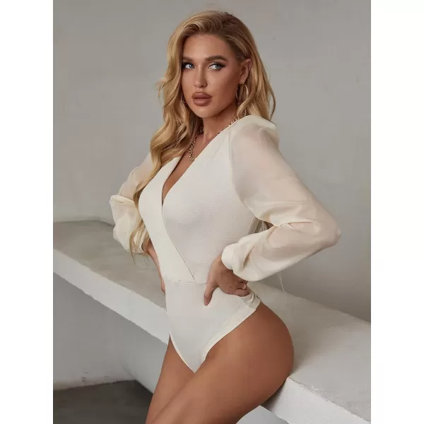WDIRARA Women's Deep V Neck Long Sleeve Solid Wrap Surplice Bodysuit